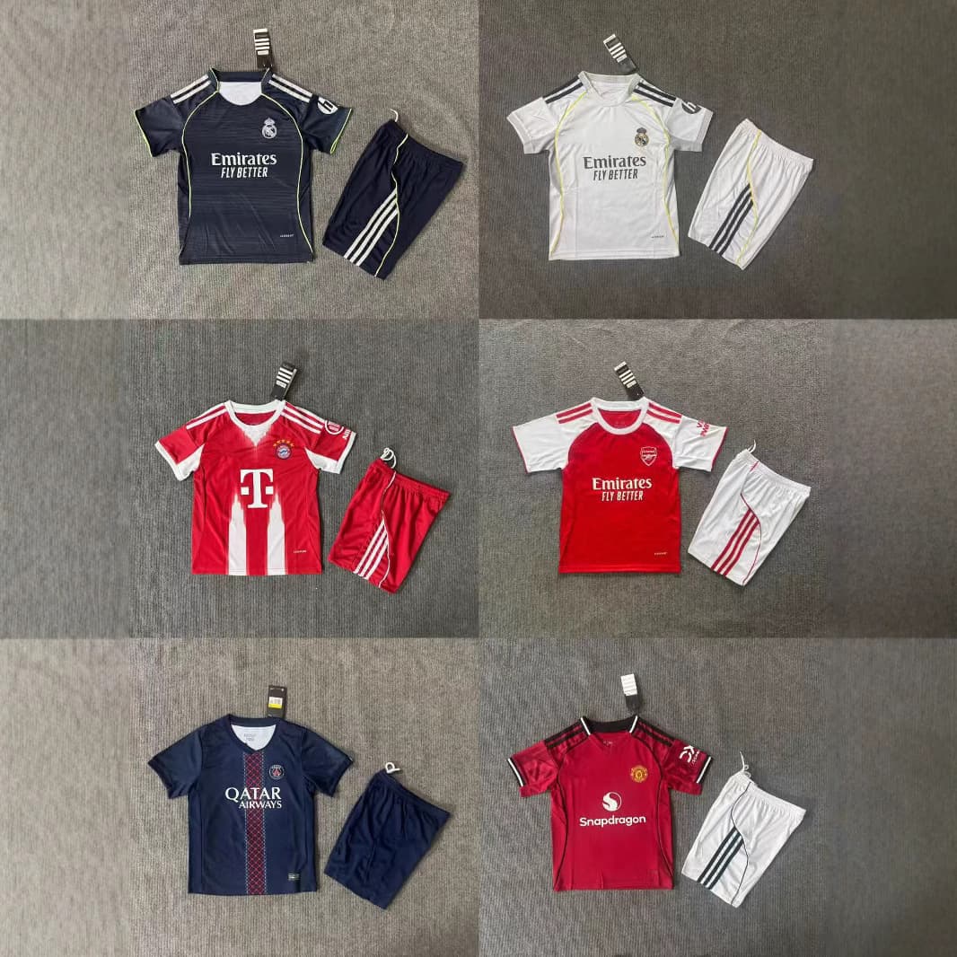 25/26 Season Real Madrid, Barcelona, Arsenal, Manchester City, Paris Club Home/Away Children's Sports Set with Printable Numbers