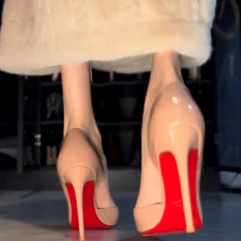 Nude Patent Leather High Heels Women's Thin Heel Single Shoes 2023 Autumn Winter New Side Cut French Niche Design