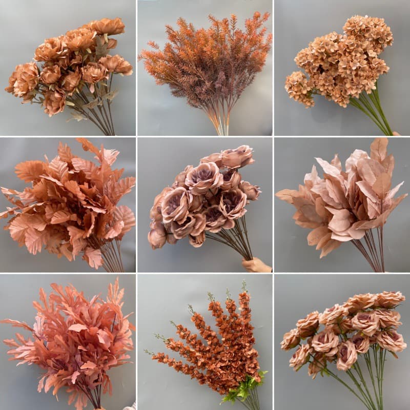 Wedding artificial flowers in brown tones, caramel decorative flowers, floor arrangement, aisle guide flowers, autumn-style fake flowers, silk flowers, ceiling hanging decorations