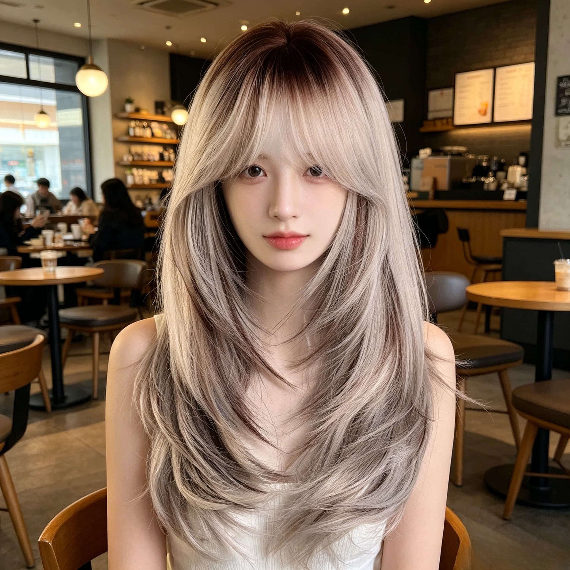 Silver Gray with Brown Highlights, Brown Top, Medium-Long Layered Wig, Curtain Bangs, Center Part, Daily Style, Face-Flattering