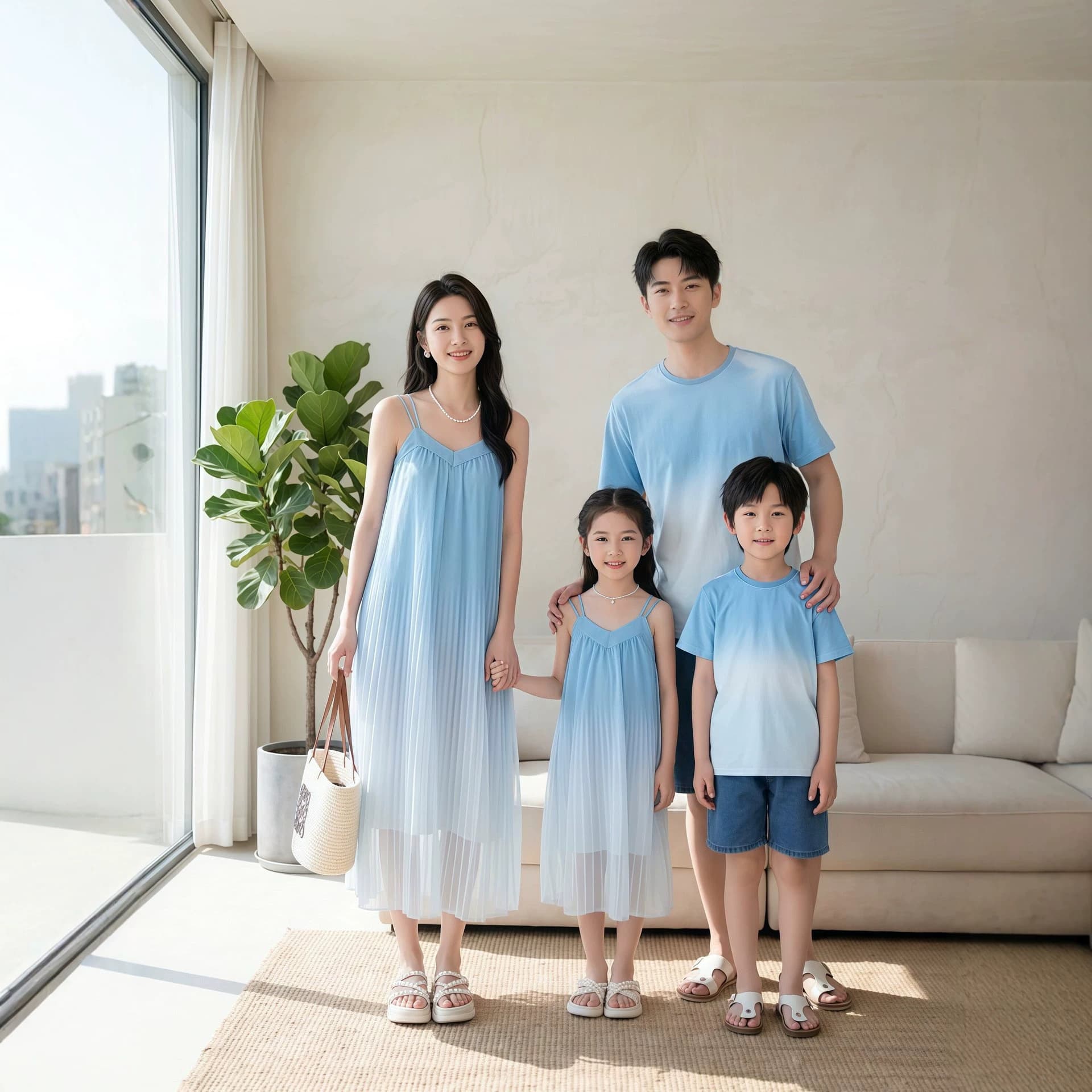 French-style family matching outfits for three, beach vacation mother-daughter high-end blue-purple gradient sundress set