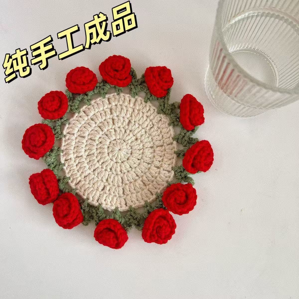 Finished Handmade Rose Bouquet Coaster Crochet Cup Bouquet Creative Gift Knitted Flower Coaster