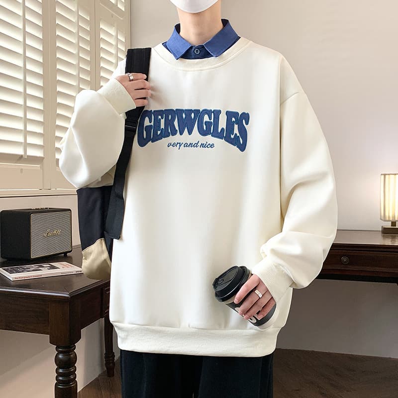 Youth fake two-piece sweatshirt for men 2026 autumn new junior high school and high school long sleeve embroidered spring and autumn bottoming shirt