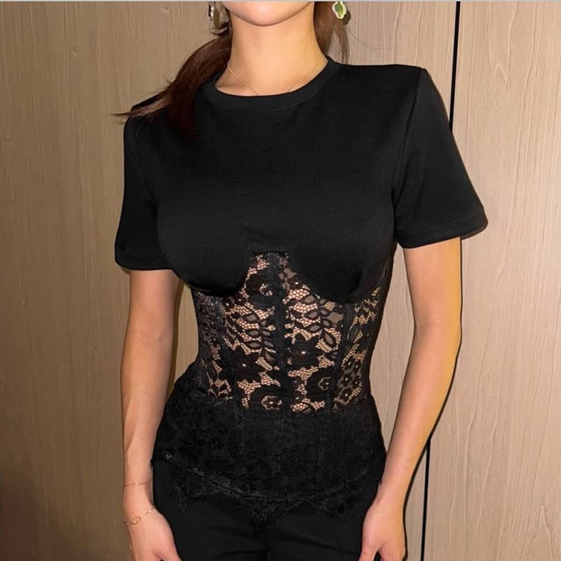 Cross-border foreign trade European and American clothing spring and summer new sexy round neck front shoulder lace see-through lace stitching crop top