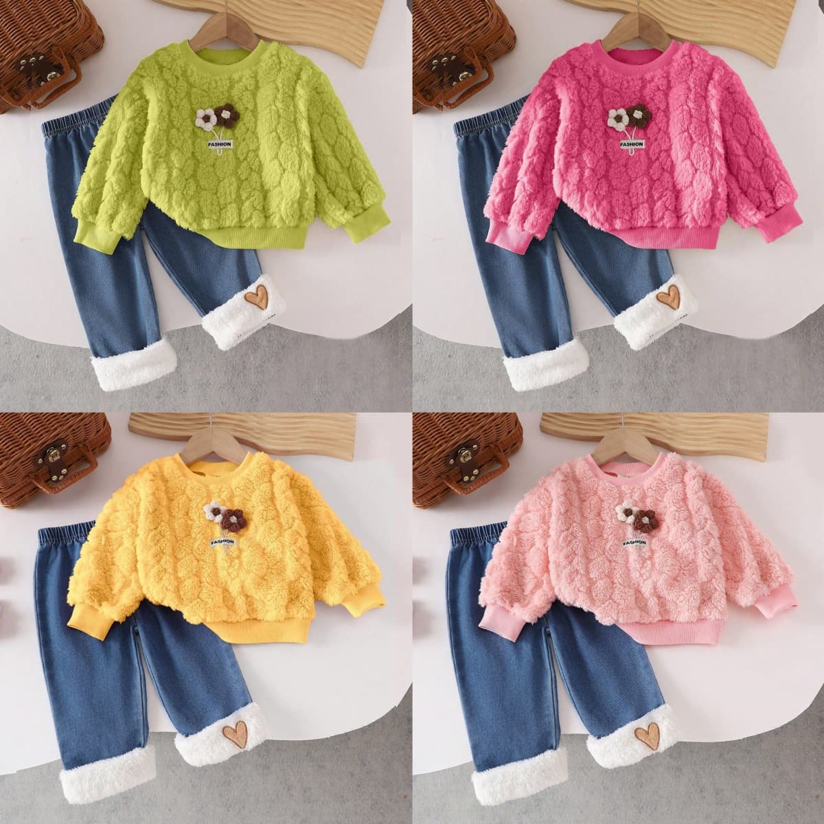 Baby Girls Clothes0-3Y Baby Girls Autumn and Winter Plush Three-dimensional Flower Sweater + Denim Fleece Pants