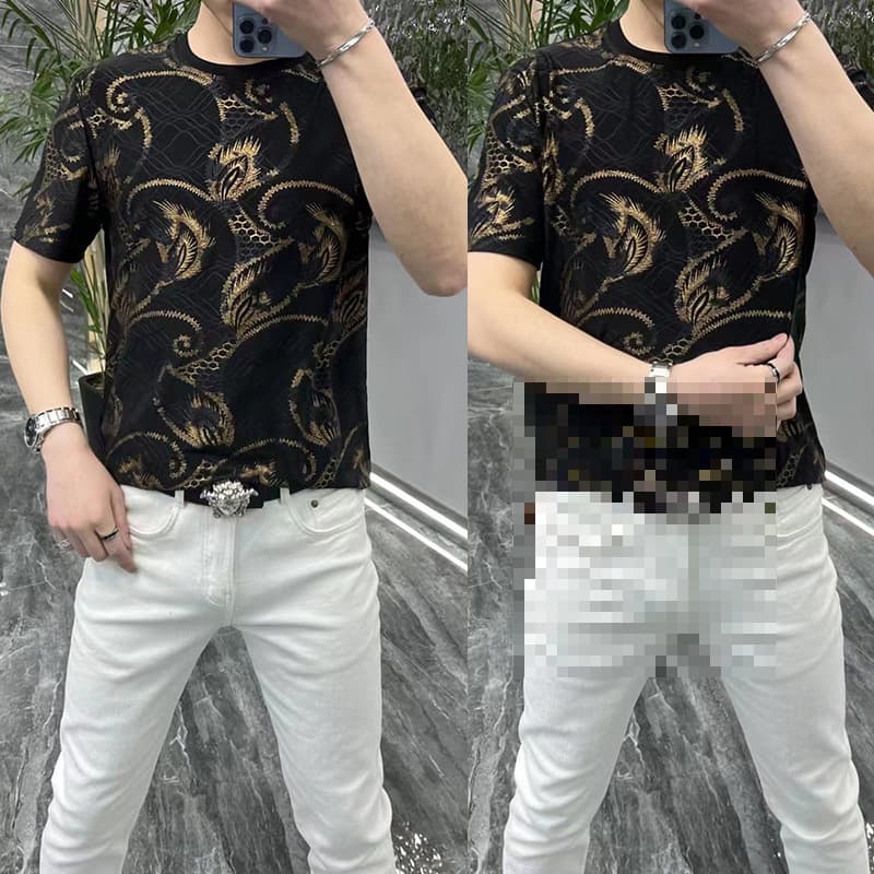 Trendy fashionable men's summer short-sleeve T-shirt, elastic breathable mercerized cotton, personalized gold stamping print, slim-fit casual half-sleeve.