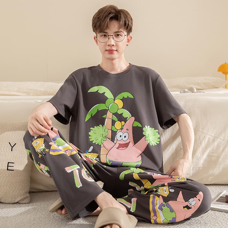 Men's Thin Short-Sleeve Long Pants Cotton Pajama Set for Spring and Autumn, Cartoon Student Casual Homewear