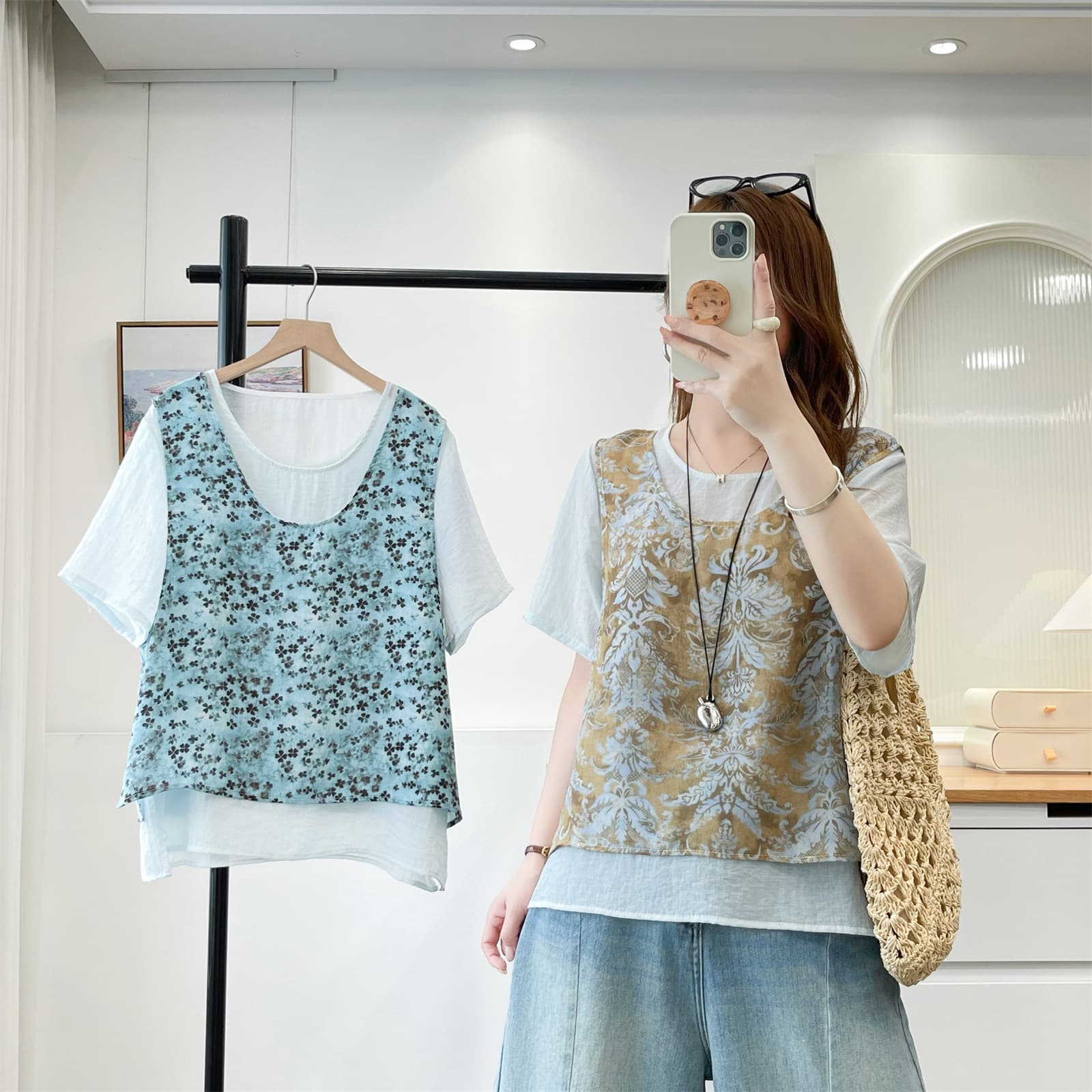 2026 Summer Floral Print Blouse, Short Sleeve Plus Size Women's Top, Two-Layer Color Block Slimming Design for Full-Figured Women, Style 363