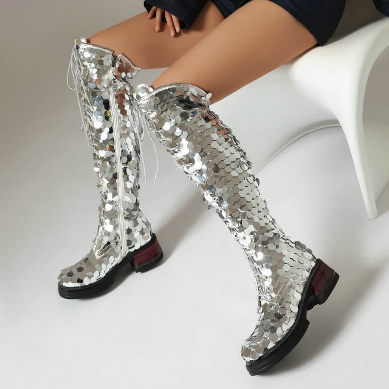 Women's Long Boots Autumn Winter Sequins Fabric Chunky Heel Mid Heel Front Lace Fashion Student Martin Boots Silver Knight Boots