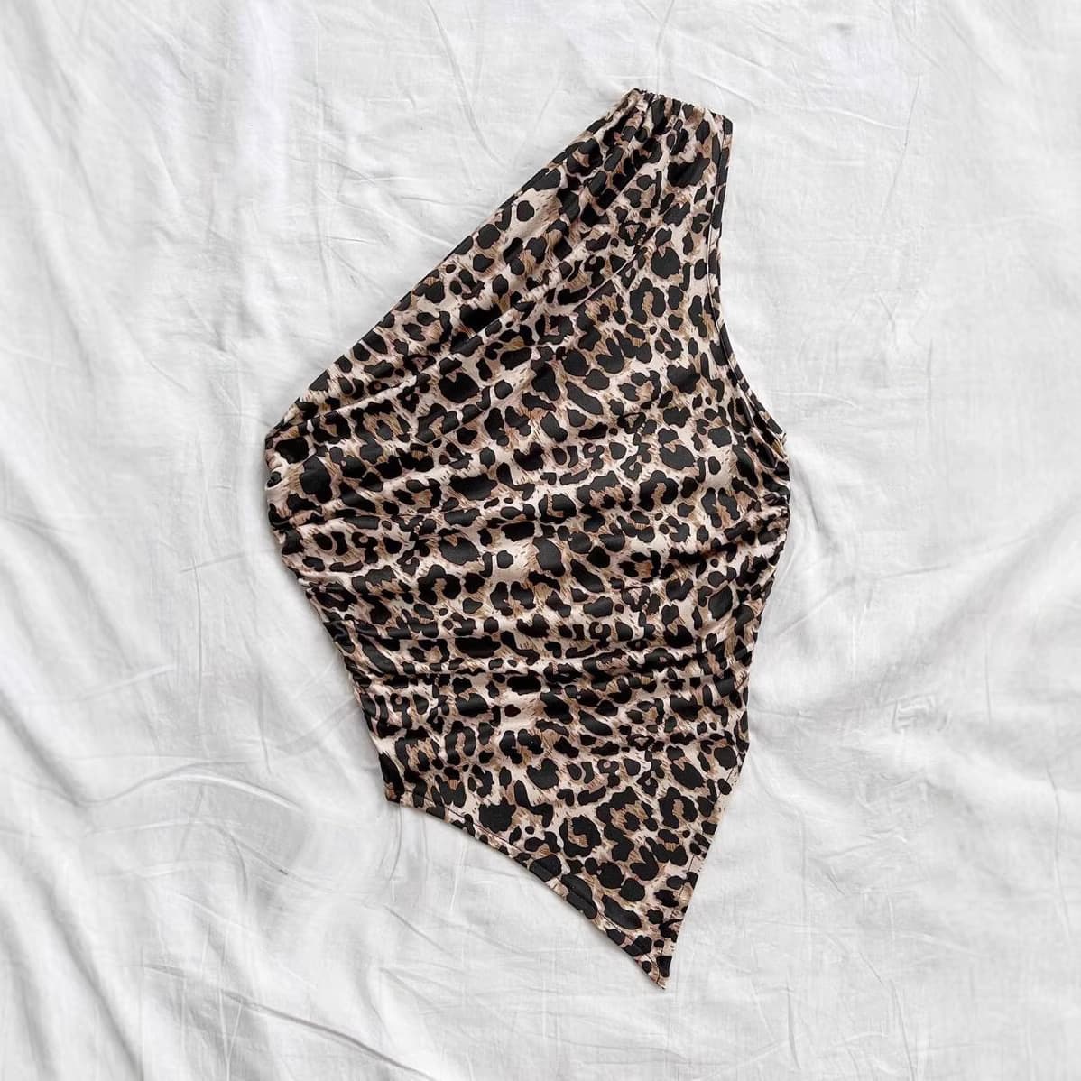 Women's Leopard Print Retro Sexy Versatile Single-Shoulder Pleated Sleeveless Asymmetric Hem Top