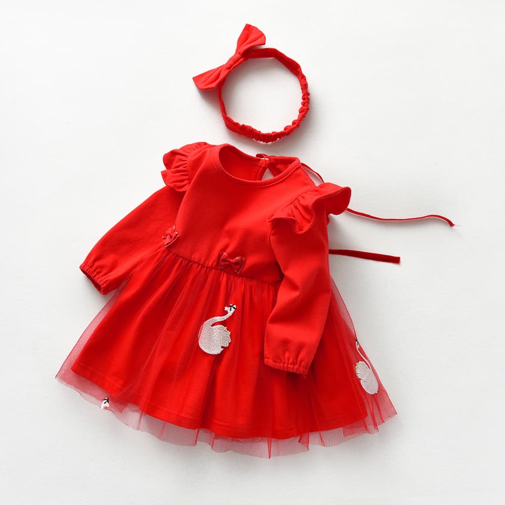 Autumn and winter baby clothes, baby girl dress, new long-sleeved princess dress, red festive 100th anniversary party dress