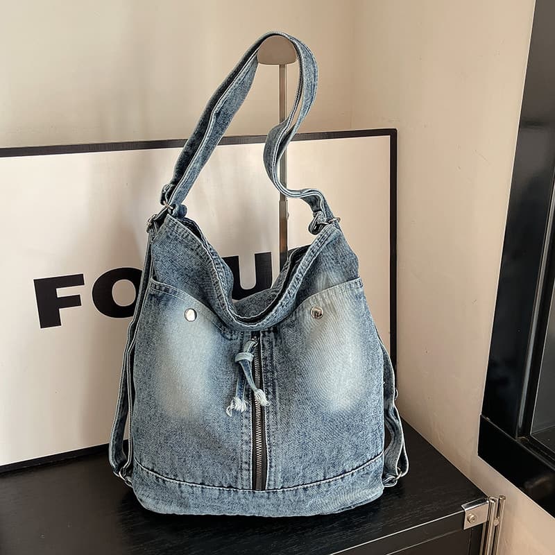 Fashionable Multi-Functional Large Capacity Casual Trendy Denim Bag for Women Spring Versatile Bucket Backpack Crossbody Bag