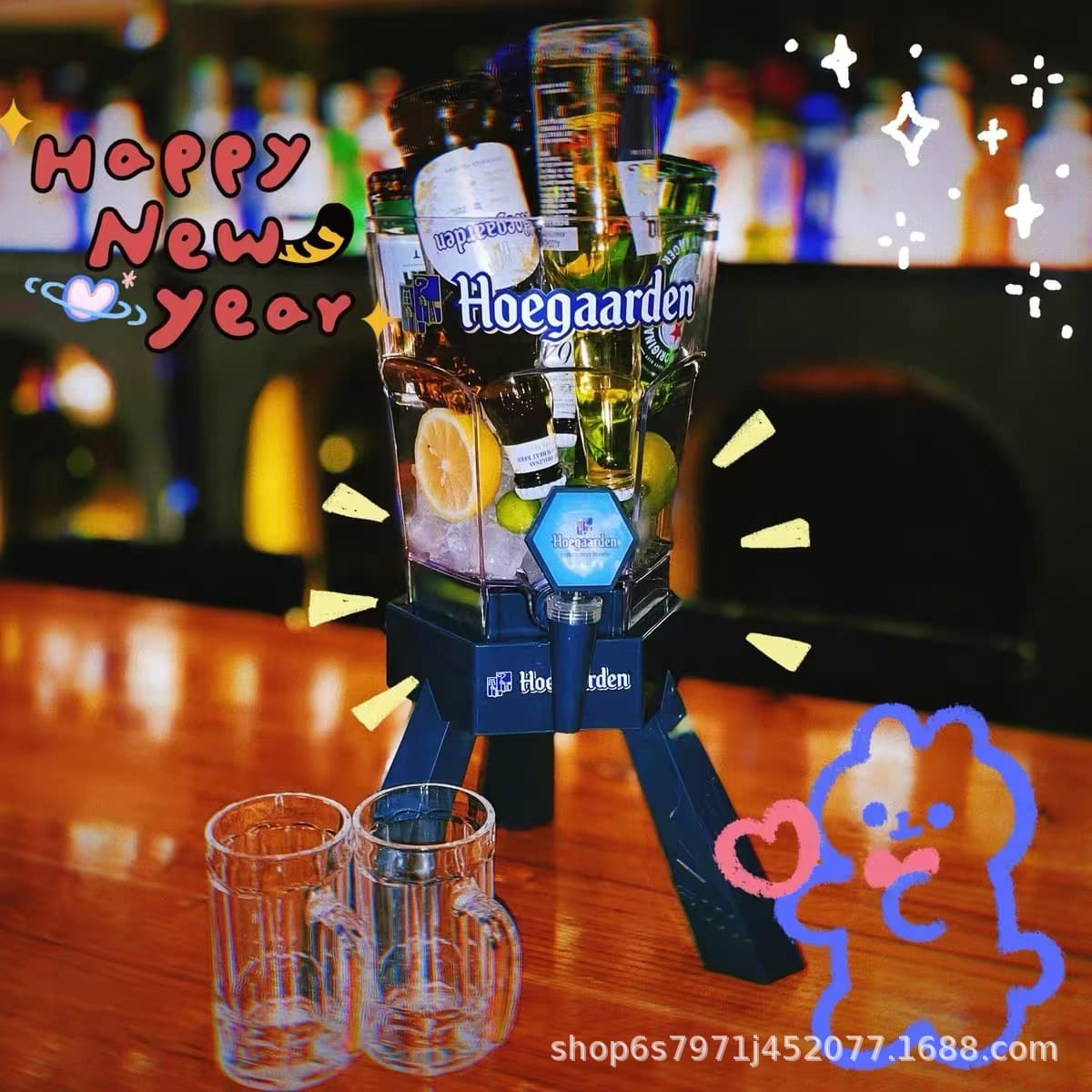 3L Beer Dispenser Keg Juice Dispenser Cola Keg Beverage Keg with Ice Column and Faucet, Graduated Beer Mug