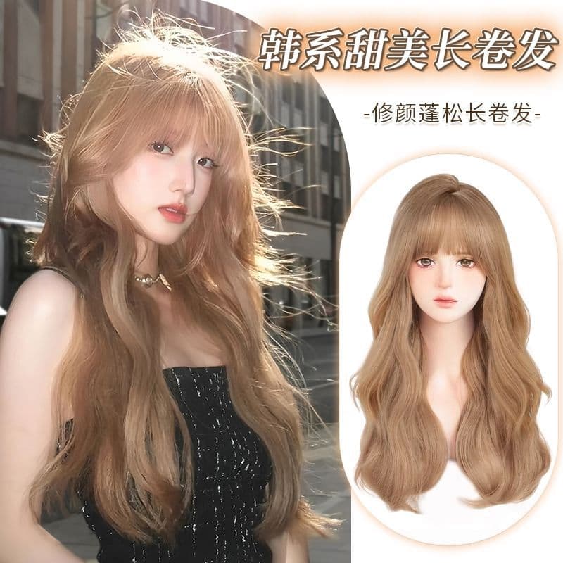 Long Curl Wig for Women Natural Human Hair Big Wave Champagne Brown Anti-Aging Full Head Cover Wig Realistic Fashionable Beauty Enhancing