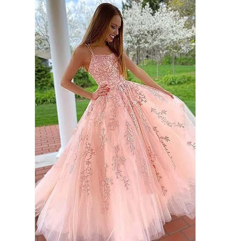 Export-style Long Strap Evening Gown Lace Embroidered Puffy Dress Prom Performance Formal Long Dress