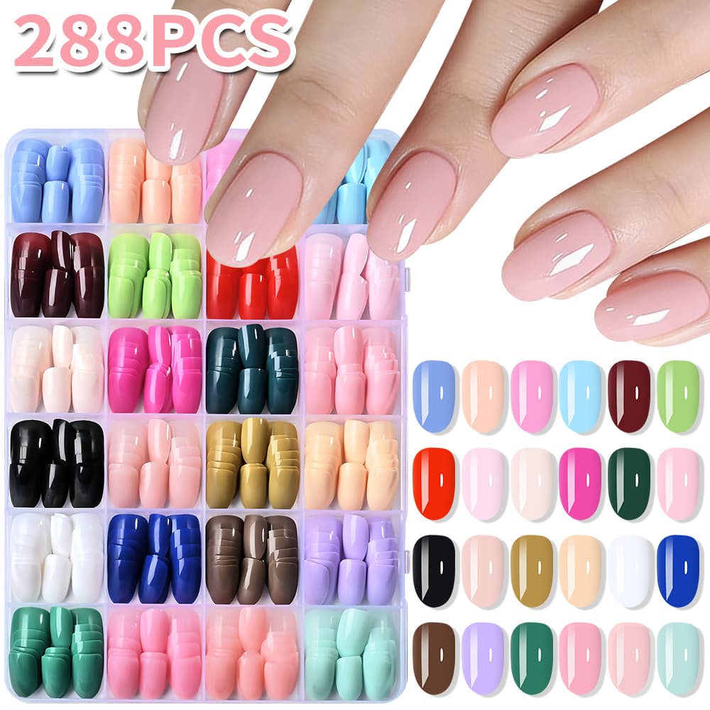 Cross-border 24-grid 288-piece Colorful Short Square Round Wearable Nail Tips Simple Nail Art False Nails Removable Wholesale