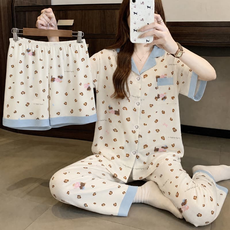 Japanese-Style Leopard Print Pajamas for Women, Summer Cute Cartoon Dachshund Cloud Cotton Loungewear Short-Sleeve Three-Piece Set Wholesale