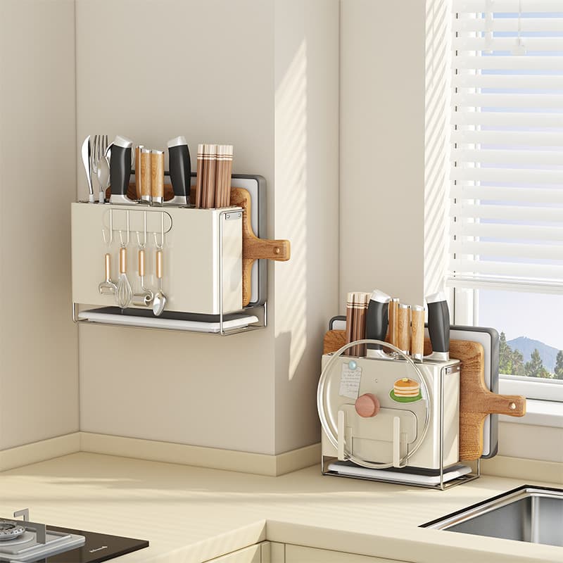 Integrated Wall-Mounted Kitchen Knife Rack Chopstick Storage Holder Cutting Board Organizer Modern Simplicity A3 Plastic