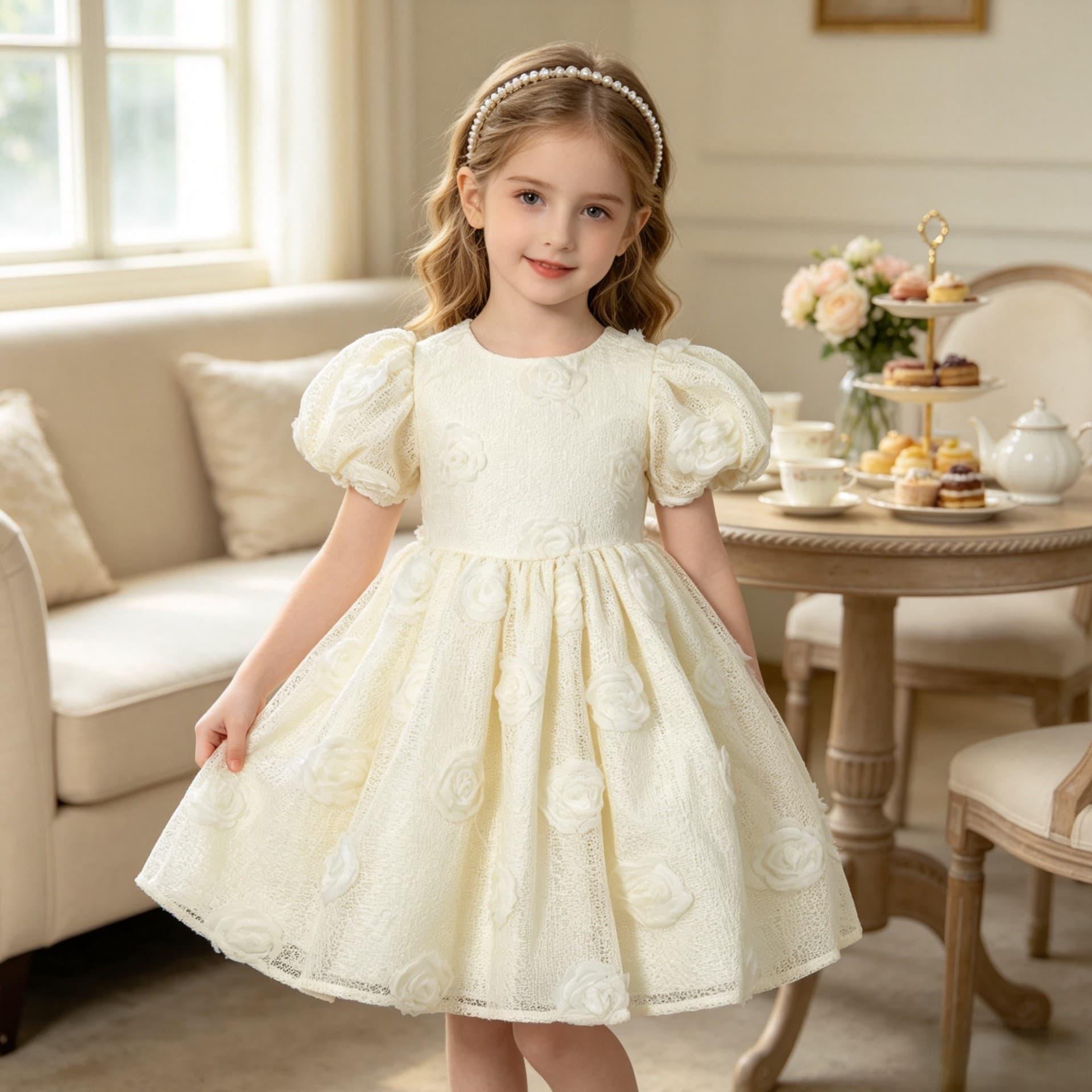 Girls' Princess Dress New Style 3D Lace Rose Flower First Birthday Host Performance Unique Stage Costume In Stock