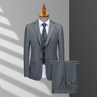 Men's Business Formal Suit Set Gray/Navy Blue Three-Piece Slim Fit Commuter Wedding Attire