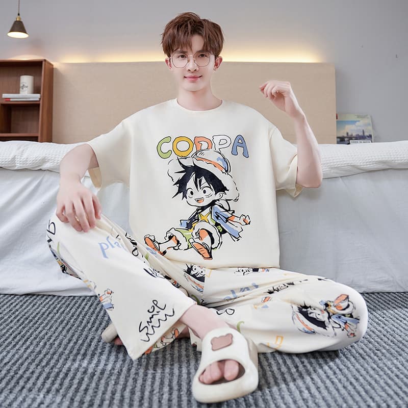 Pajamas for men summer pure cotton short-sleeved trousers cartoon One Piece young students thin large size home clothes set