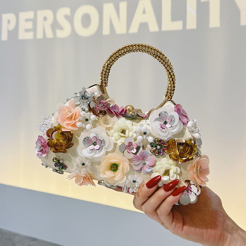 Cross-border Luxury Vintage Evening Bag Bridesmaid Handbag Floral Small Purse Round Handle Elegant Dress Bag for Women