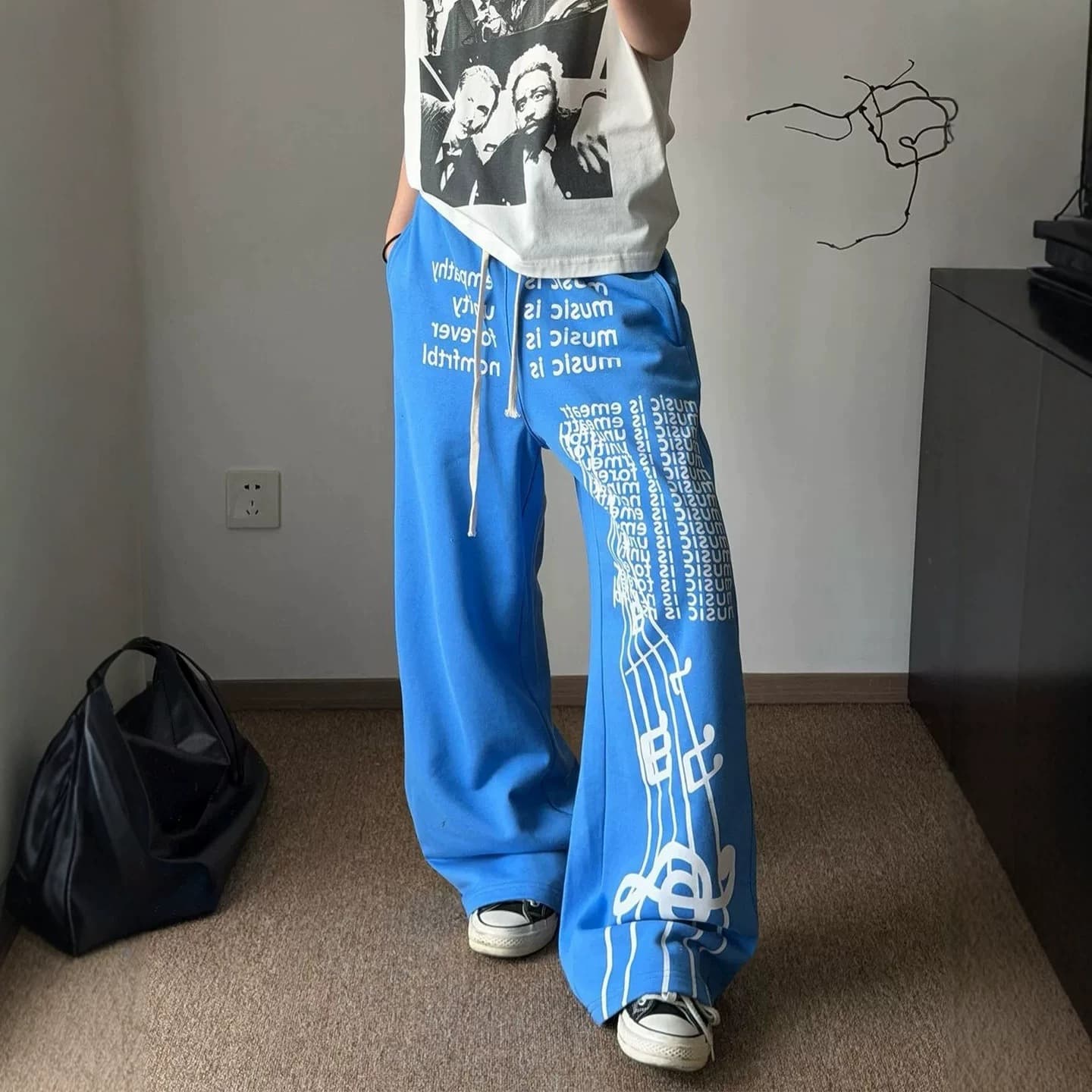 Blue American Print Flared Pants Men Women Summer Trendy Edgy High Street Curved Blade Pants Loose Casual Sports Pants