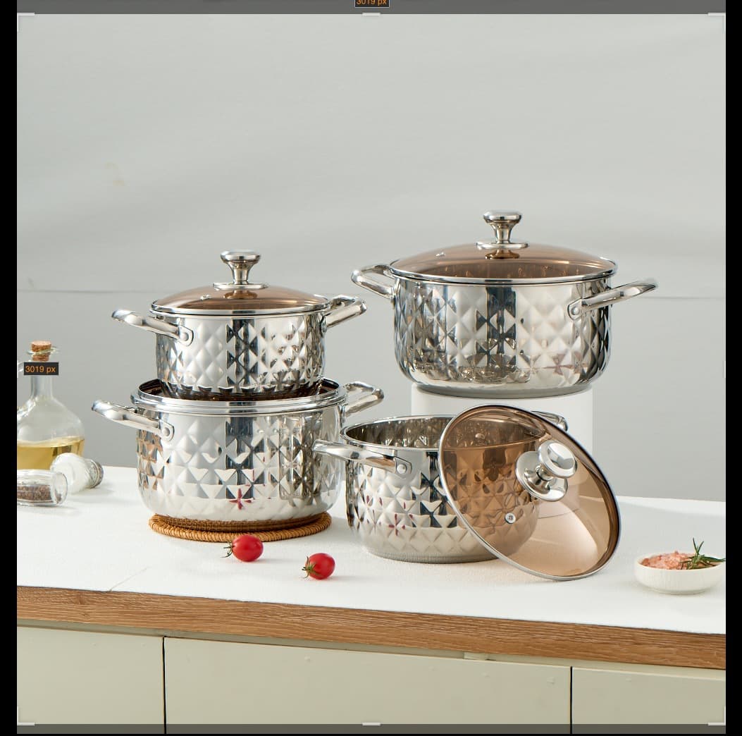 Cross-border High-Aesthetic Diamond-Pattern Stainless Steel Stockpot Set with Visible Lid, 8-Piece Cookware Combination for Home Cooking