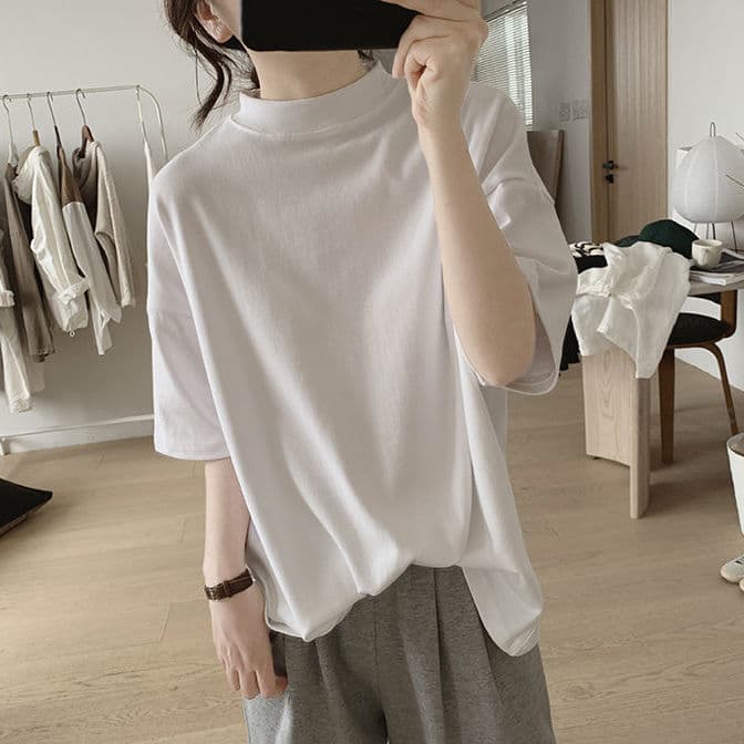 Half High Collar T-Shirt Women's Spring and Summer New Loose Slimming Korean Style Simple Half Sleeve Age-Reducing Cotton Basic Top