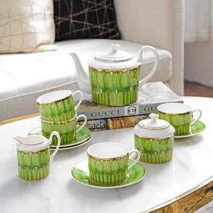 Bone China Coffee Cup Set Afternoon Tea Cup Saucer Light Luxury Gem Green Teapot Set Ceramic Home Use