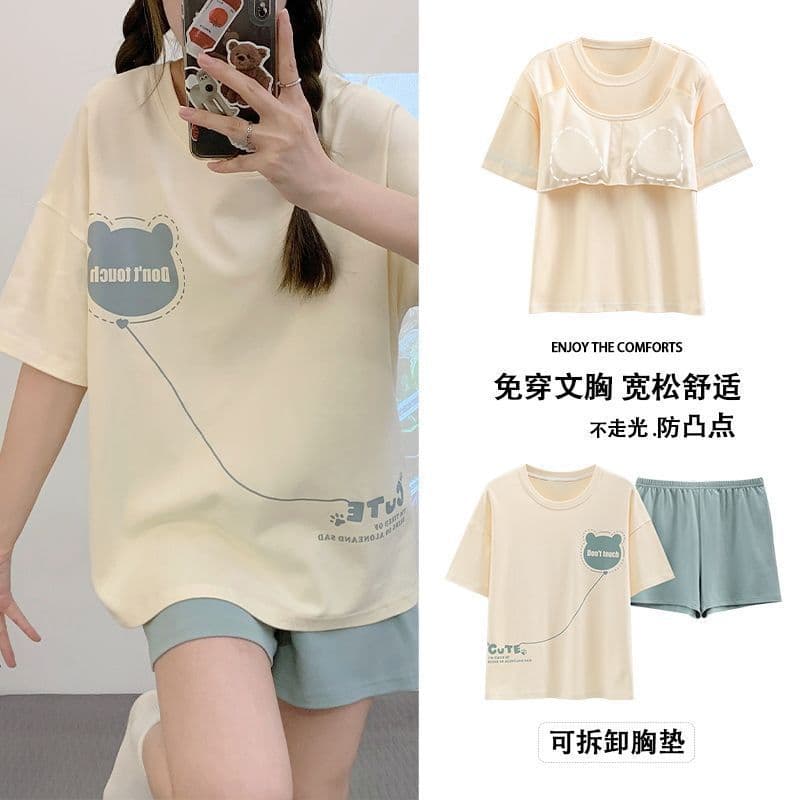Pure Cotton Women's Ins Style Sleepwear with Chest Pad One-Piece Summer Round Neck Short Sleeve Pants Casual Home Clothes Set