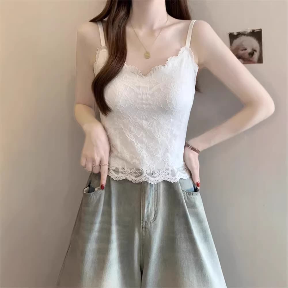 2026 New Beauty Back Sling Fat MM Lace Vest with Breast Pads Integrated Inner and Outer Wear Bottoming Shirt Solid Color Bra
