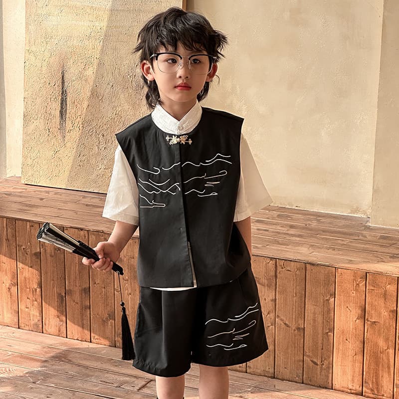 Boys' Hanfu Set 2024 Summer New Arrival Chinese National Style Vest Retro Casual Handsome Boy Performance Outfit