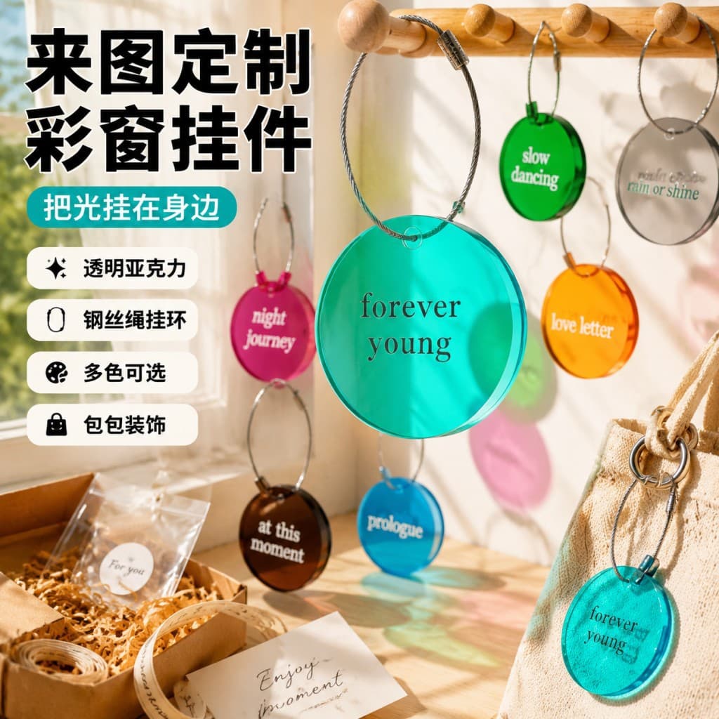 Acrylic Double-Sided Text Keychain Round Text Plate Wire Rope Bell Pendant Cute Style Bag Hanging Jewelry