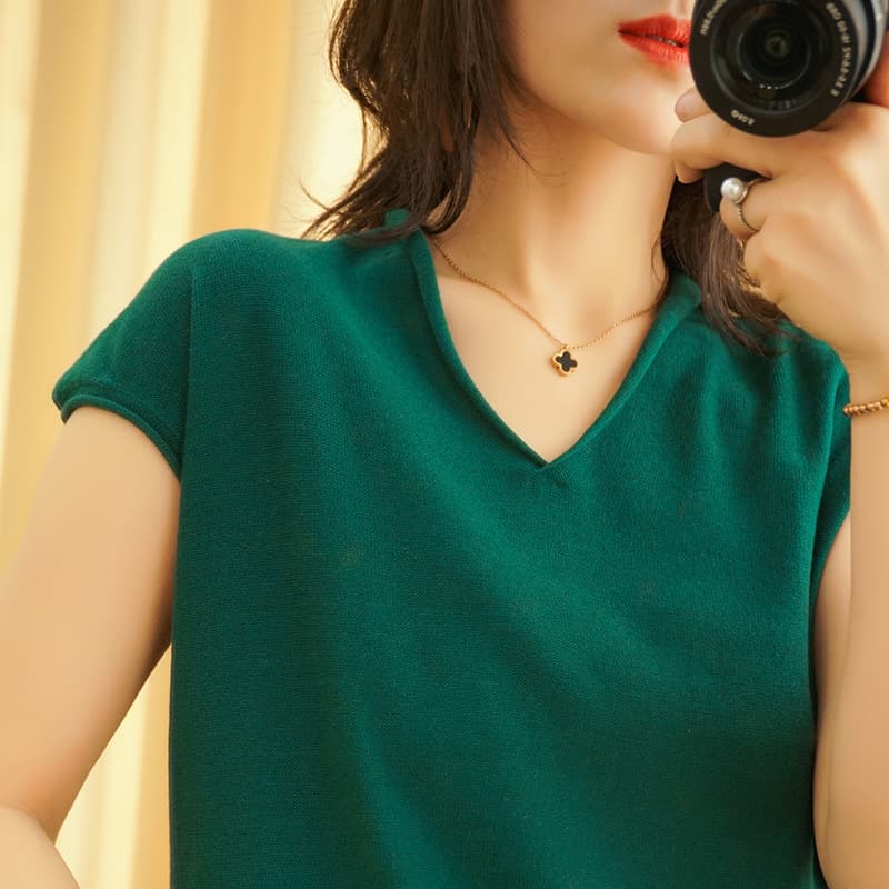 2023 New Cotton Linen Color T-Shirt for Women V-Neck Short Sleeve Loose Fit Slimming Casual Knit Top Summer