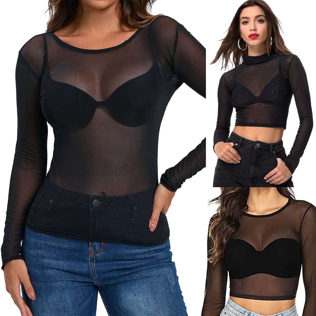 New European and American Amazon cross-border women's clothing, fresh, sexy, slim-fitting, see-through, tight-fitting long-sleeved mesh top.