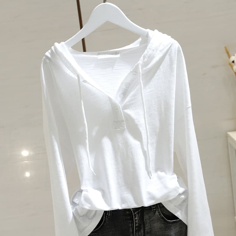 White hooded long-sleeved T-shirt for women 2025 spring and autumn new style loose slimming bamboo cotton inner layered bottoming shirt trendy top