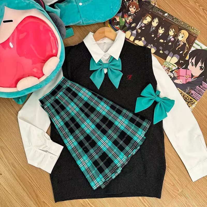 Original JK uniform vest sweater plaid skirt set layered with a vest knit top, solid color, versatile, preppy style, perfect for women.