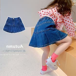 2026 New Children's Girls Elastic Denim Pleated Skirt Pants Spring New Trendy Baby Blue Half Skirt