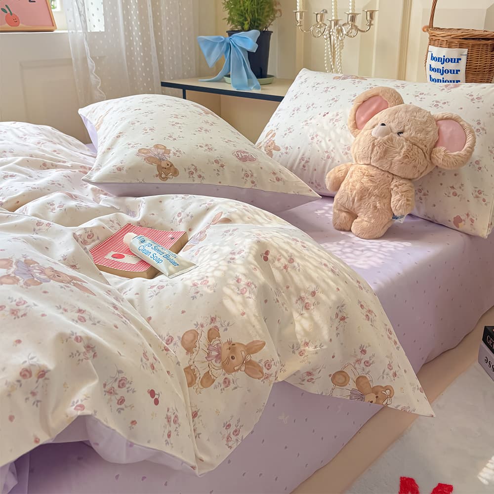 Girly heart pure cotton four-piece set A-type cartoon pure cotton quilt cover Nantong bedding dormitory sheet three-piece set 4