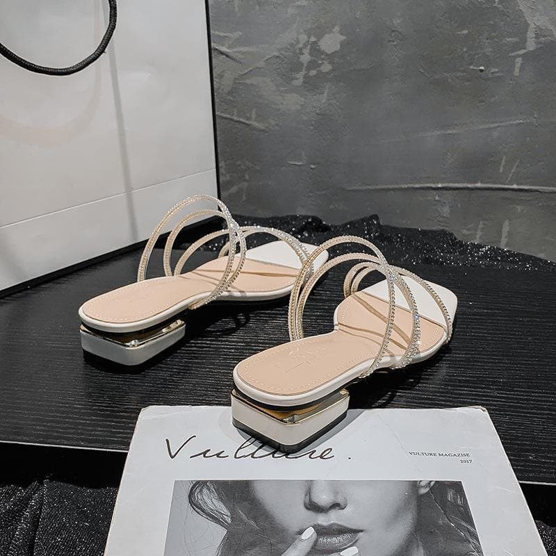 Large Size Women's Sandals 41-43, Wide Feet, Chunky Heel Rhinestone Slide Sandals, Summer 2021 New Style for Plus Size Women