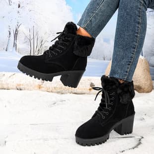 2026 Autumn and Winter New Large Size Fleece-Lined Warm Round Toe Boots for Women, European and American Chunky Heel High Heel Turned Edge Foreign Trade Women's Boots