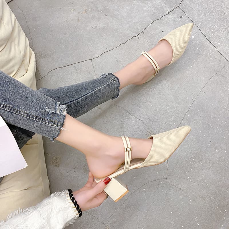 Cross-border Trade Pointed Toe Closed-Toe Mid-Heel Chunky Heel Slide Sandals Women's Summer New Breathable Fabric High Heel