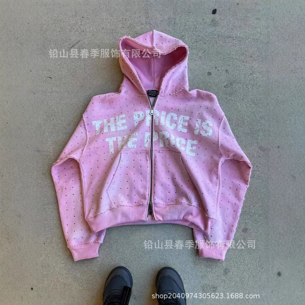 Foreign Trade American Style Washed Distressed Men's Pink Short Zip Hoodie Vintage Letter Raw Edge Destroyed Loose Fit