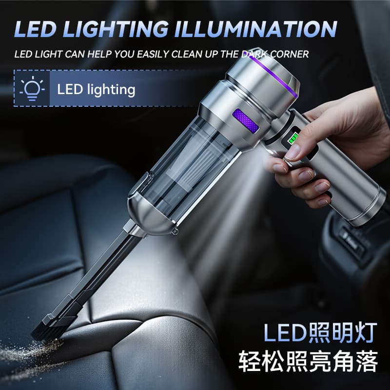 Car-mounted blowing and sucking dual-purpose vacuum cleaner brushless high-power dust removal and inflatable integrated digital display LED lighting dust blower