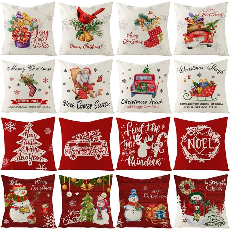 Linen pillowcase red bottom snowman Christmas tree elk print pillow living room sofa cushion Christmas pillow