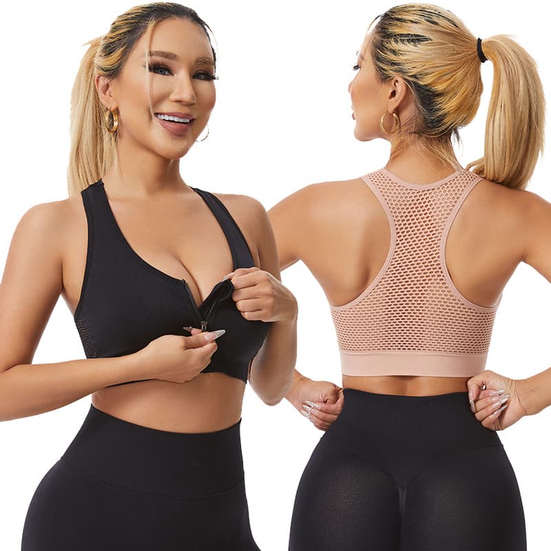 Front zipper yoga sports bra with hollow mesh breathable holes, plus size wire-free sports bra with beautiful back.