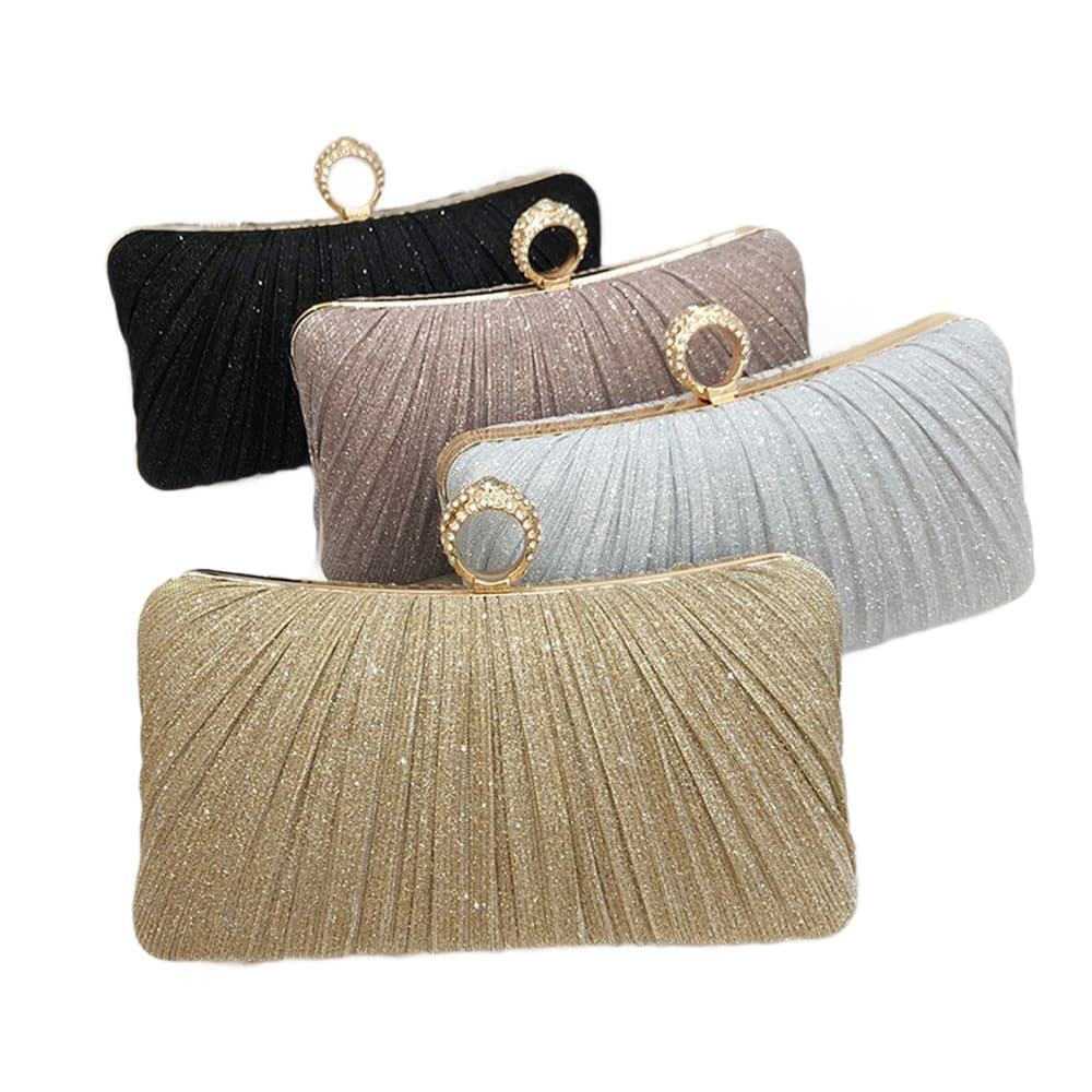 2025 New Cross-Border Light Luxury Evening Bag with Pleated Fine Glitter, Clutch Bag for Evening Dresses and Qipao, Ring Clutch