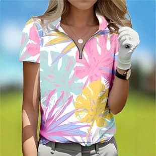2026 New Polo Collar Printed T-Shirt Women Summer Loose Korean Style Petite Elegant Plant Print MB13