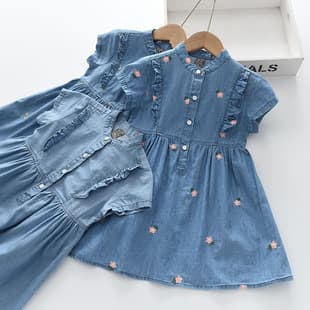 2025 Summer New Style Stylish Ruffle Trim Lightweight Denim Vest Girls' Denim Dress 0319-08